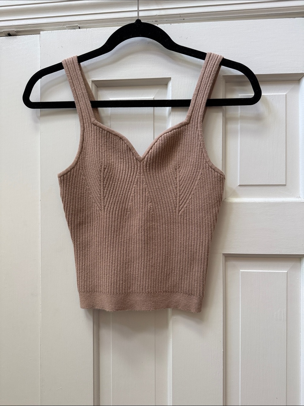 Ribbed Knit Sweetheart Tank Top - Tan